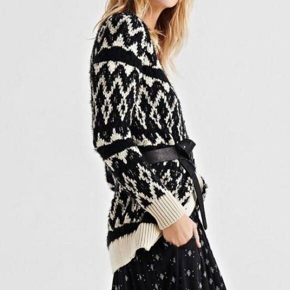 Lucky Brand Diamond Fair Isle Long Boho Cardigan Black & Cream Womens Size Small - Picture 7 of 14